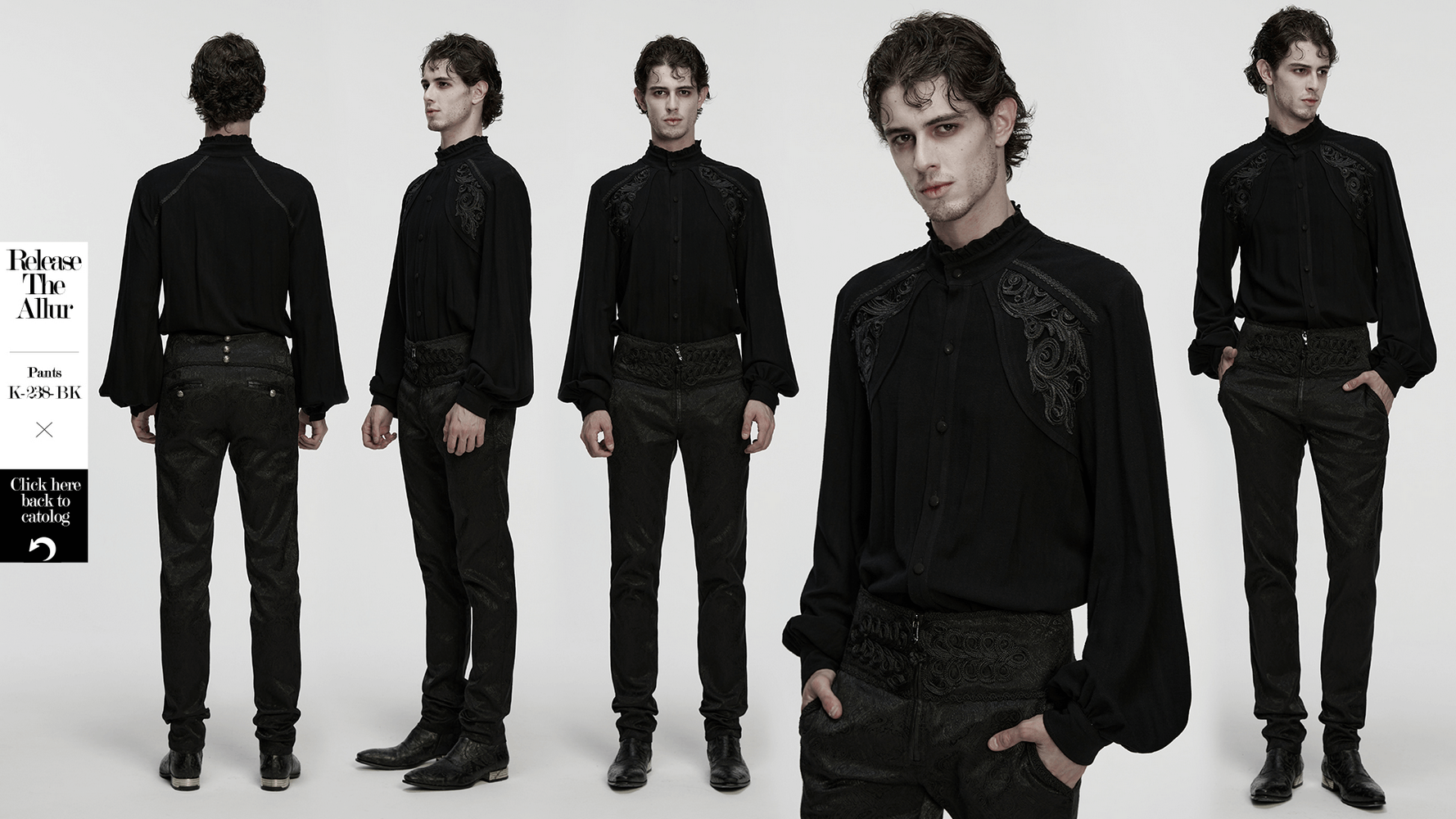 Black Victorian Embroidered Shirt with Lantern Sleeves showcasing elegant details and flowing lantern sleeves.