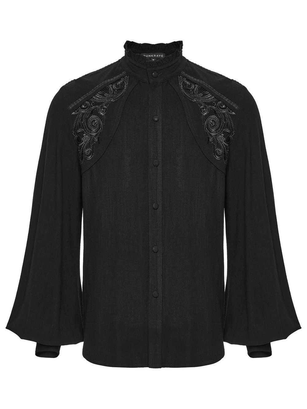 Black Victorian Embroidered Shirt with Lantern Sleeves featuring elegant ruffled collar and intricate lace design.