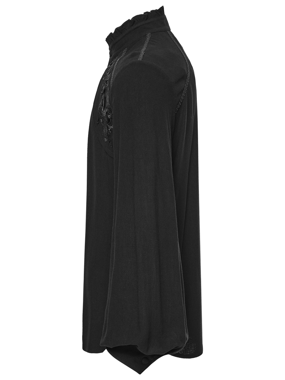 Black Victorian Embroidered Shirt with Lantern Sleeves, featuring elegant ruffled collar and flowing lantern sleeves.