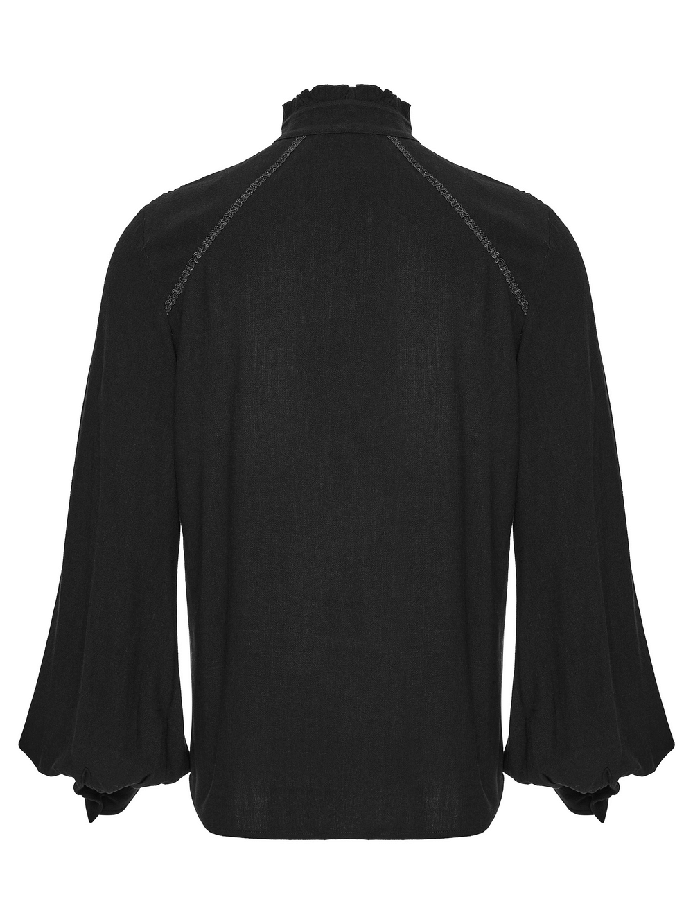 Back view of a Black Victorian Embroidered Shirt with Lantern Sleeves showcasing elegant ruffled collar and flowing sleeves.