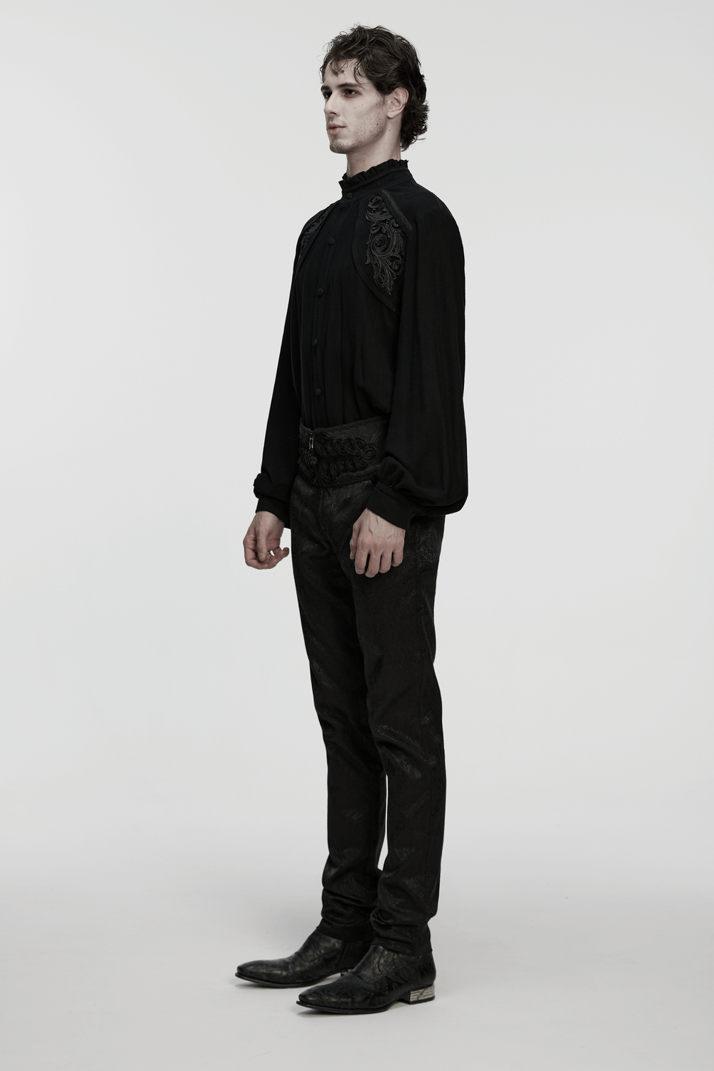 Black Victorian Embroidered Shirt with Lantern Sleeves showcased in a gothic fashion photo, featuring ruffled collar and ornate design.