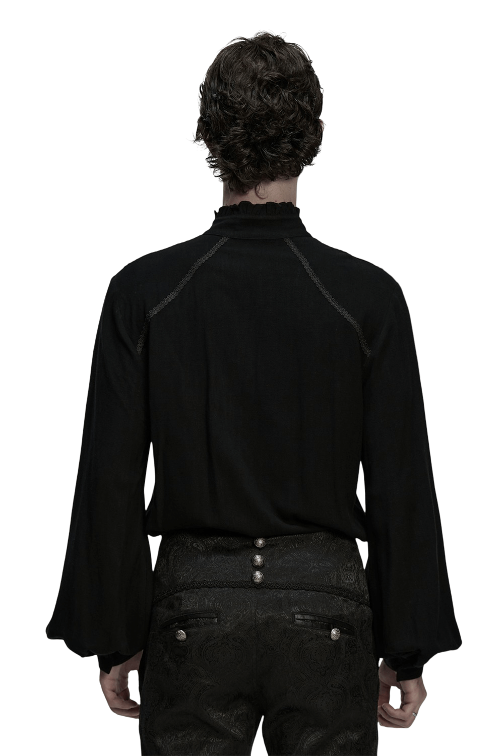 Black Victorian Embroidered Shirt with Lantern Sleeves showing the back view, featuring flowing lantern sleeves.