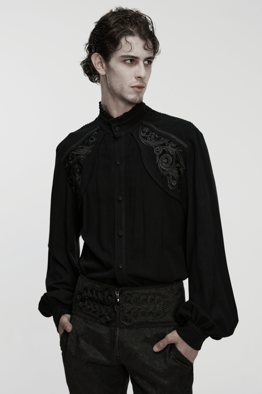 Black Victorian Embroidered Shirt with Lantern Sleeves showcasing elegant gothic style and intricate embroidery.