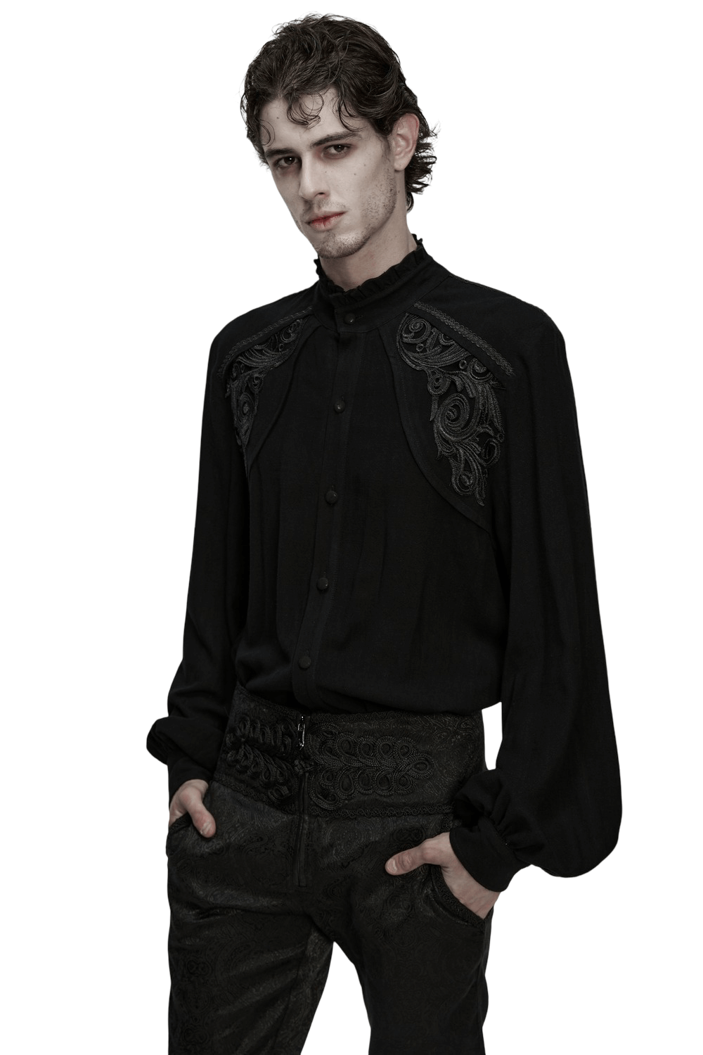 Black Victorian Embroidered Shirt with Lantern Sleeves worn by a model, showcasing intricate embroidered details and elegant design.
