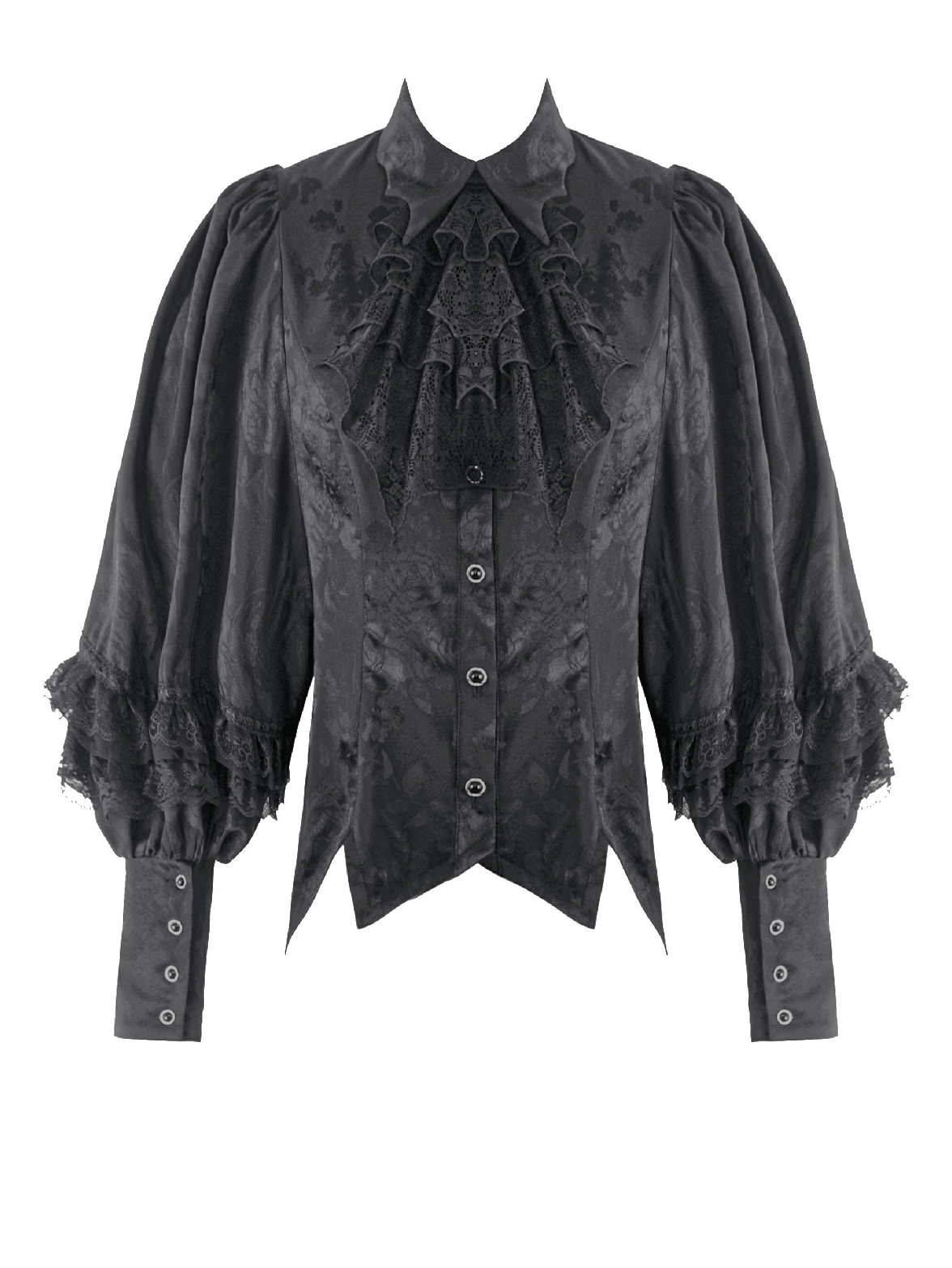 Black Victorian Gothic Blouse with Lace Jabot featuring lace jabot and puff sleeves, perfect for romantic gothic elegance.
