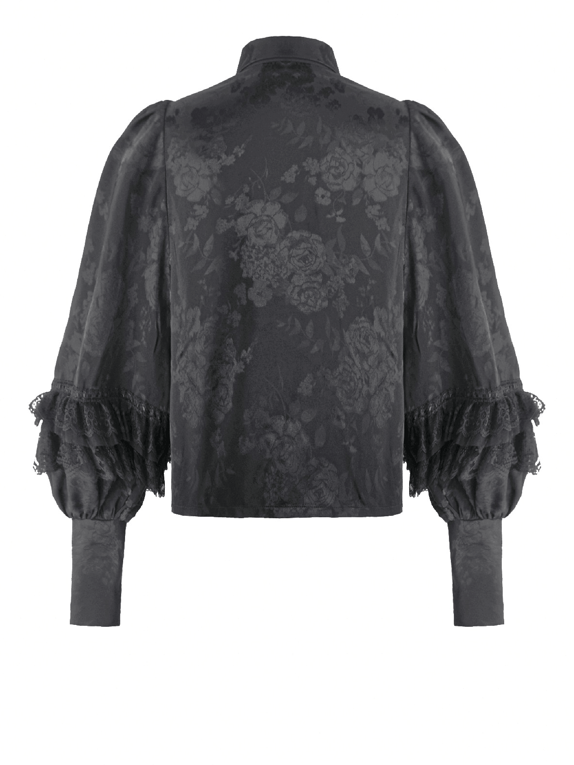 Back view of Black Victorian Gothic Blouse with Lace Jabot featuring puff sleeves and floral jacquard pattern.