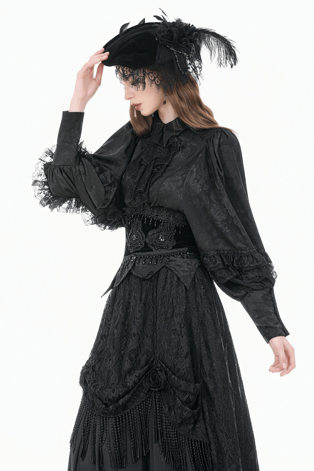 Black Victorian Gothic Blouse with Lace Jabot styled with lace skirt and elegant accessories.