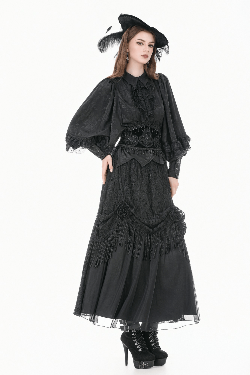 Black Victorian Gothic Blouse with Lace Jabot styled with a dramatic skirt and hat for romantic darkwear fashion.