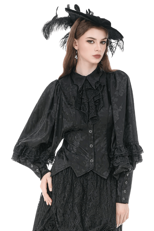 Black Victorian Gothic Blouse with Lace Jabot