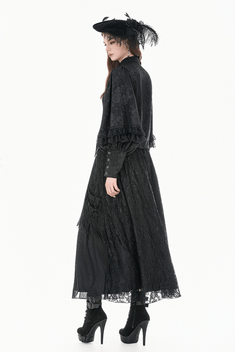 Black Victorian Gothic Blouse with Lace Jabot displayed on model in dramatic gothic attire.