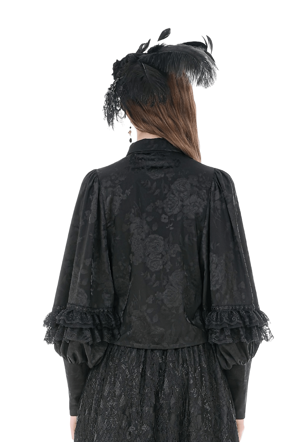 Back view of Black Victorian Gothic Blouse with Lace Jabot featuring elegant puff sleeves and floral jacquard pattern.