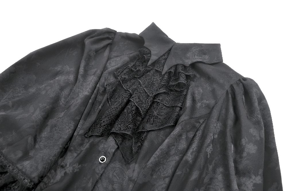 Black Victorian Gothic Blouse with Lace Jabot featuring floral jacquard pattern and dramatic lace jabot detail.
