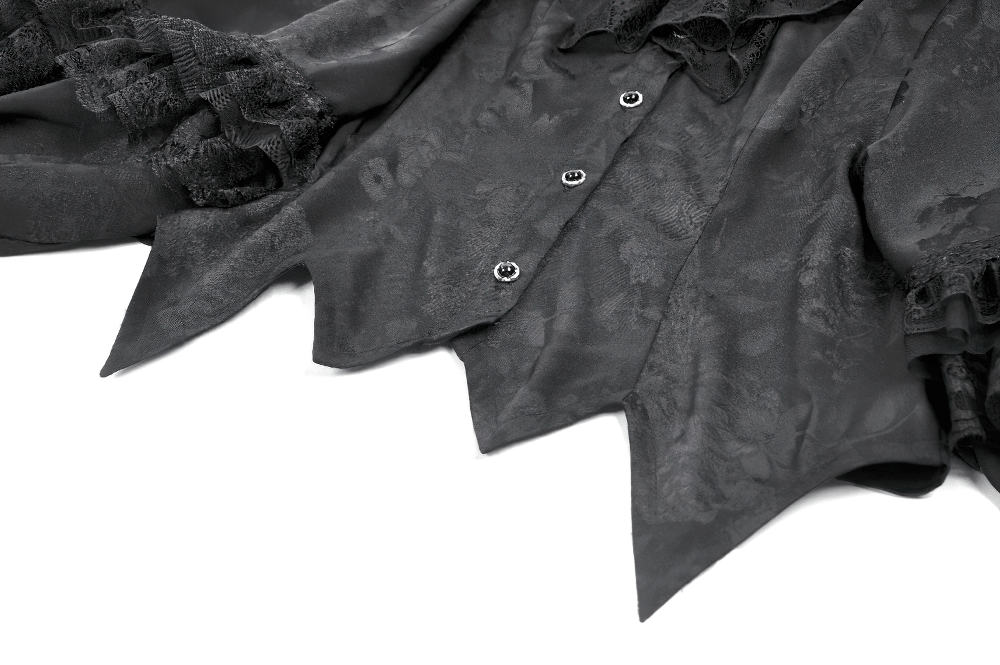 Black Victorian Gothic Blouse with Lace Jabot showcasing detailed floral jacquard and dramatic ruffle trims.