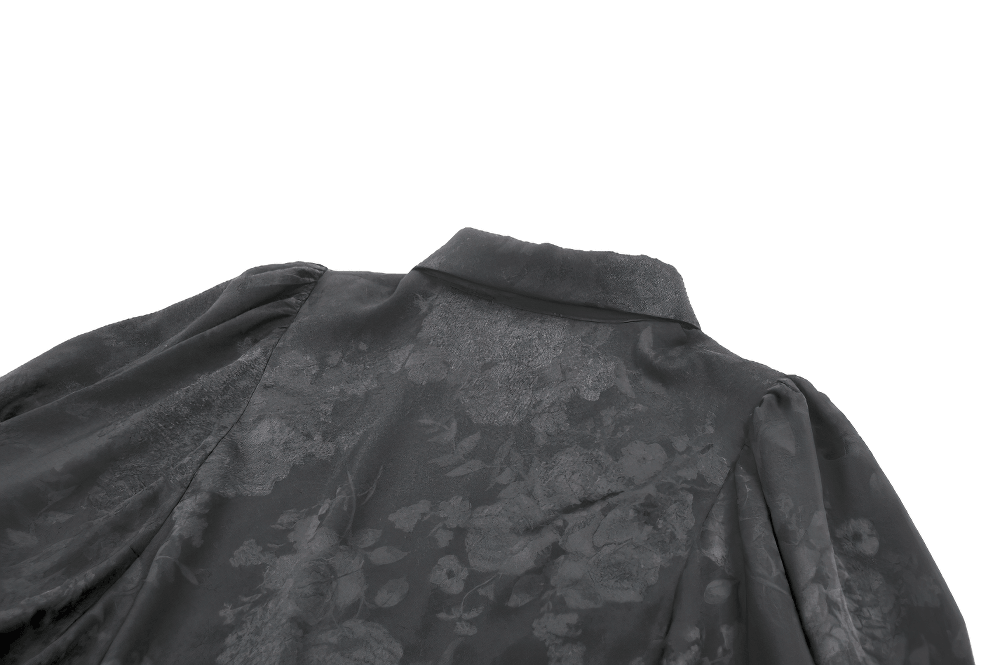Black Victorian Gothic Blouse with Lace Jabot showing floral jacquard pattern and puff sleeves