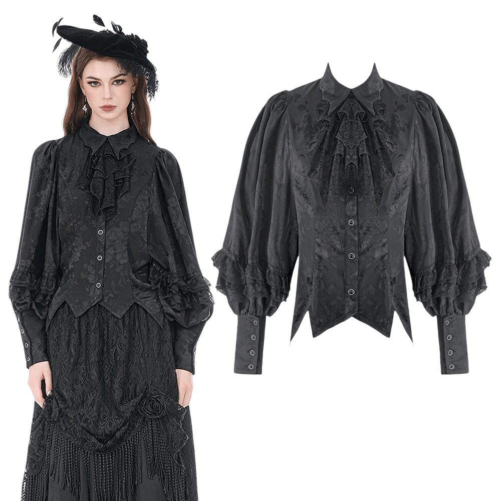 Black Victorian Gothic Blouse with Lace Jabot featuring puff sleeves and floral jacquard pattern.