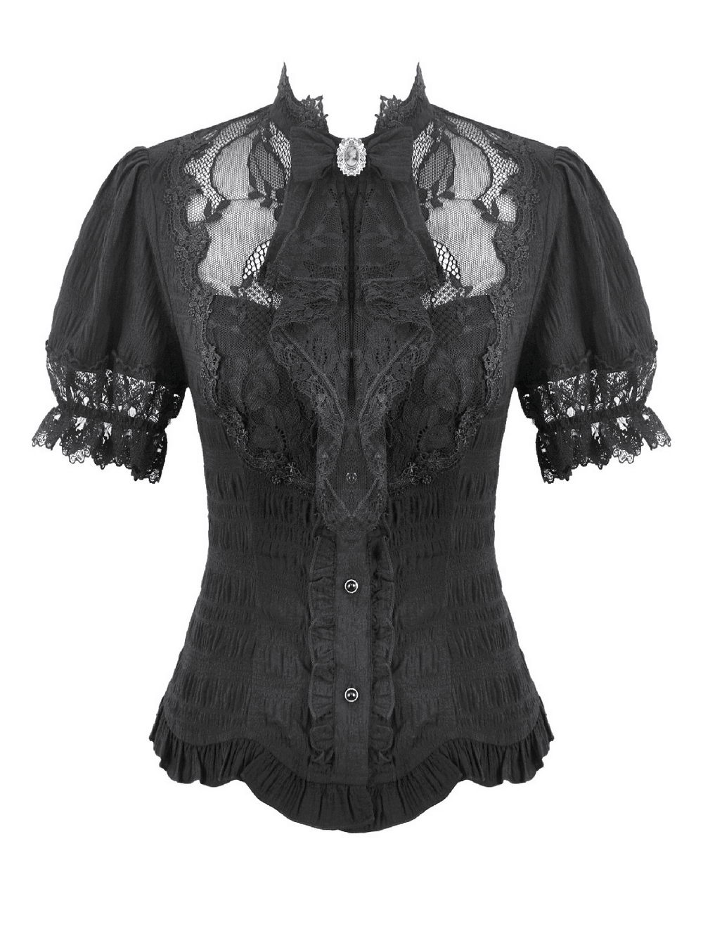Black Victorian Gothic Blouse with Lace Sleeves featuring sheer lace panels and puff sleeves.