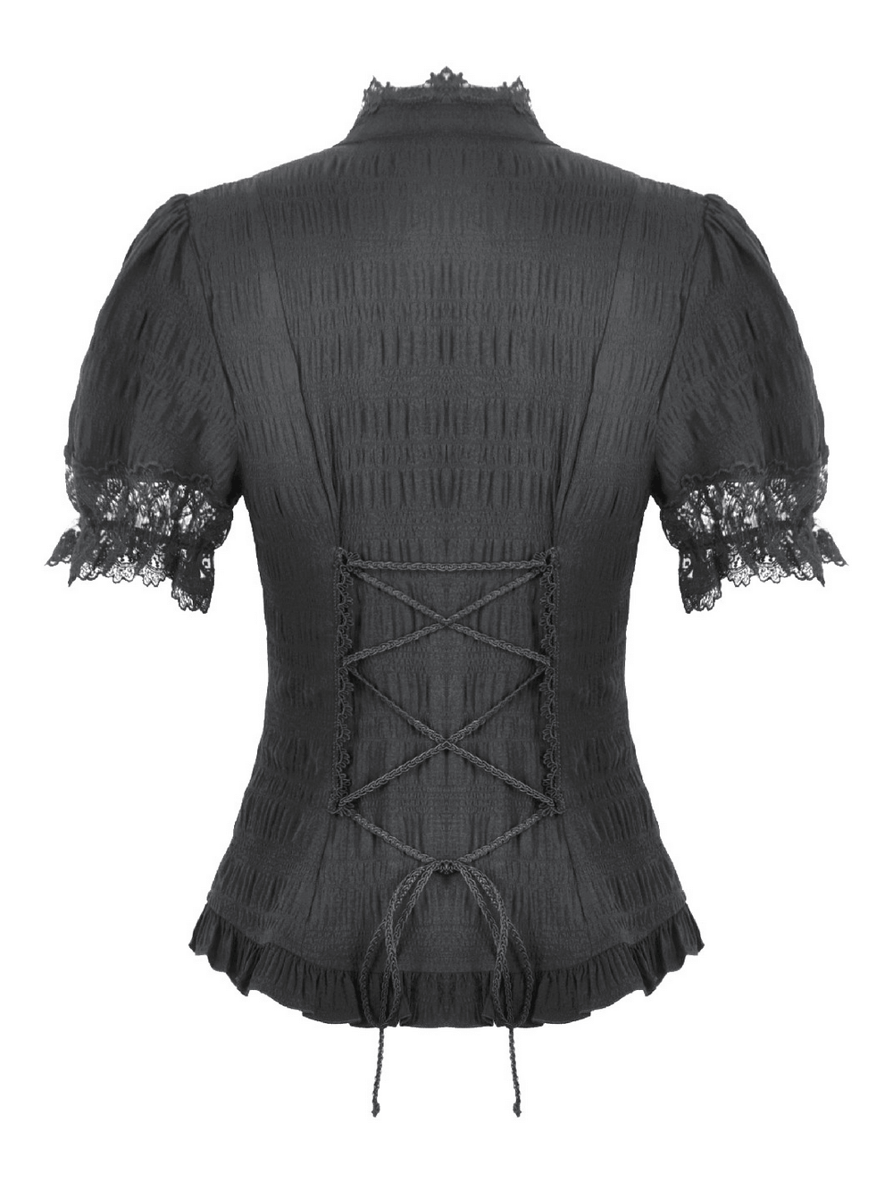 Black Victorian Gothic Blouse with Lace Sleeves - Back View with Corset Lacing and Puff Sleeves.