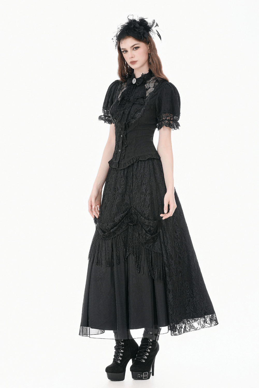 Black Victorian Gothic Blouse with Lace Sleeves, featuring puff sleeves and a fitted silhouette.