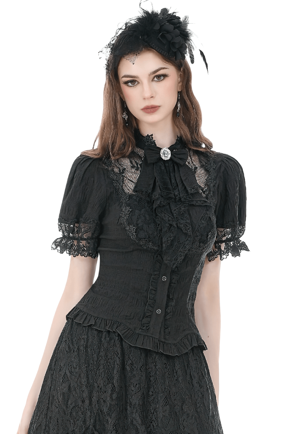 Black Victorian Gothic Blouse with Lace Sleeves featuring puff sleeves, lace panels, and corset back for dark romance.