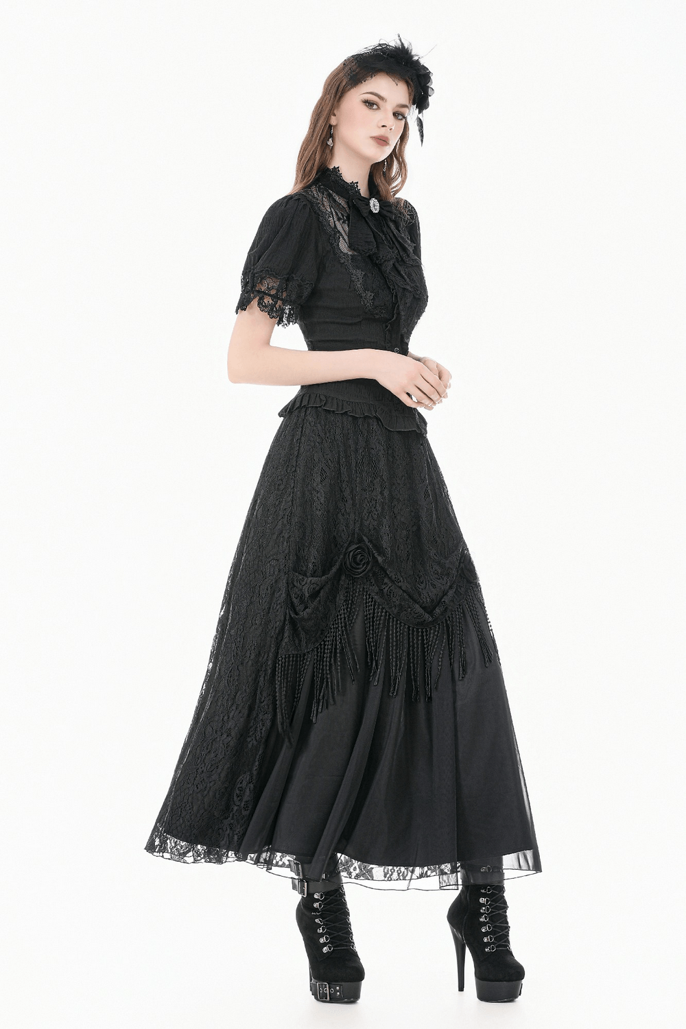 Black Victorian Gothic Blouse with Lace Sleeves worn with a long lace skirt, showcasing dark romance and elegance in fashion.