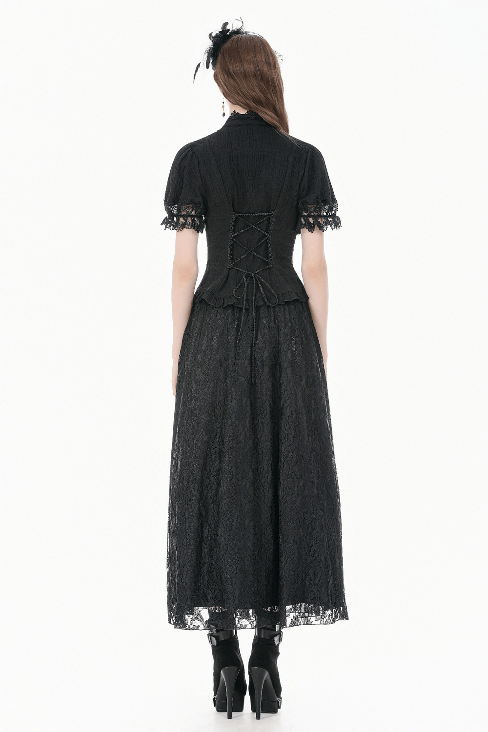 Back view of Black Victorian Gothic Blouse with Lace Sleeves featuring a lace-up corset back and puff sleeves.