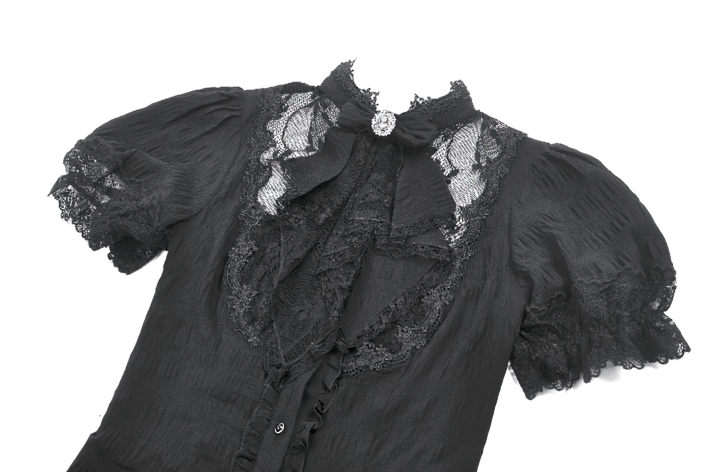 Black Victorian Gothic Blouse with Lace Sleeves featuring puff sleeves and lace details.