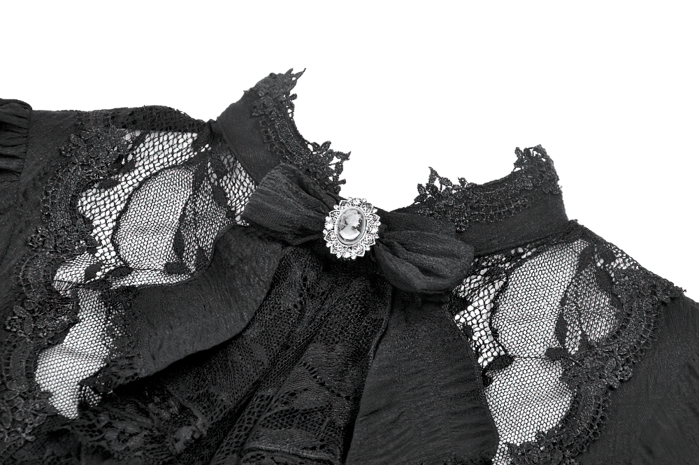 Black Victorian Gothic Blouse with Lace Sleeves, featuring lace panels and a cameo bow detail.