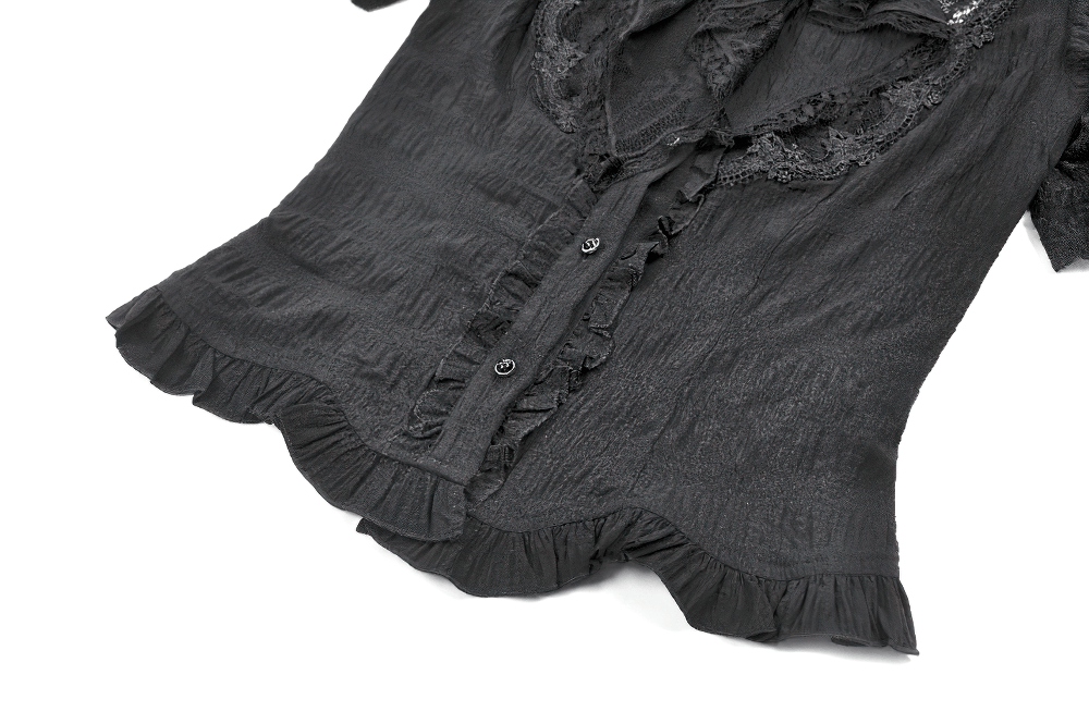 Black Victorian Gothic Blouse with Lace Sleeves featuring ruffled trim and button-front detail.