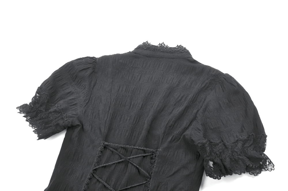 Black Victorian Gothic Blouse with Lace Sleeves back view showing corset details and puff sleeves.