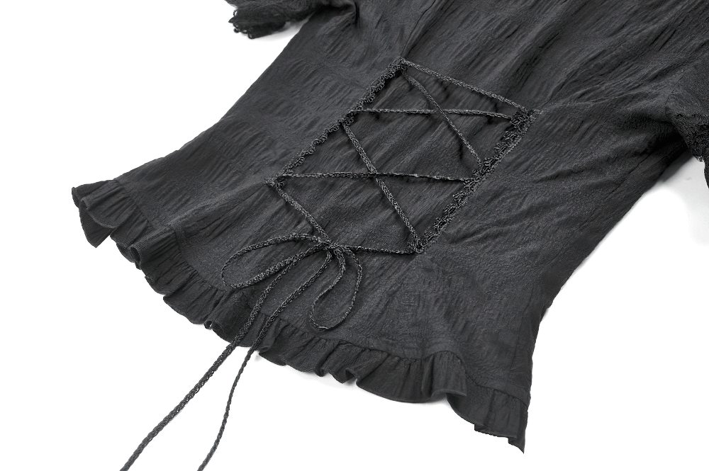 Black Victorian Gothic Blouse with Lace Sleeves showing lace-up corset back detail and ruffled trim design.