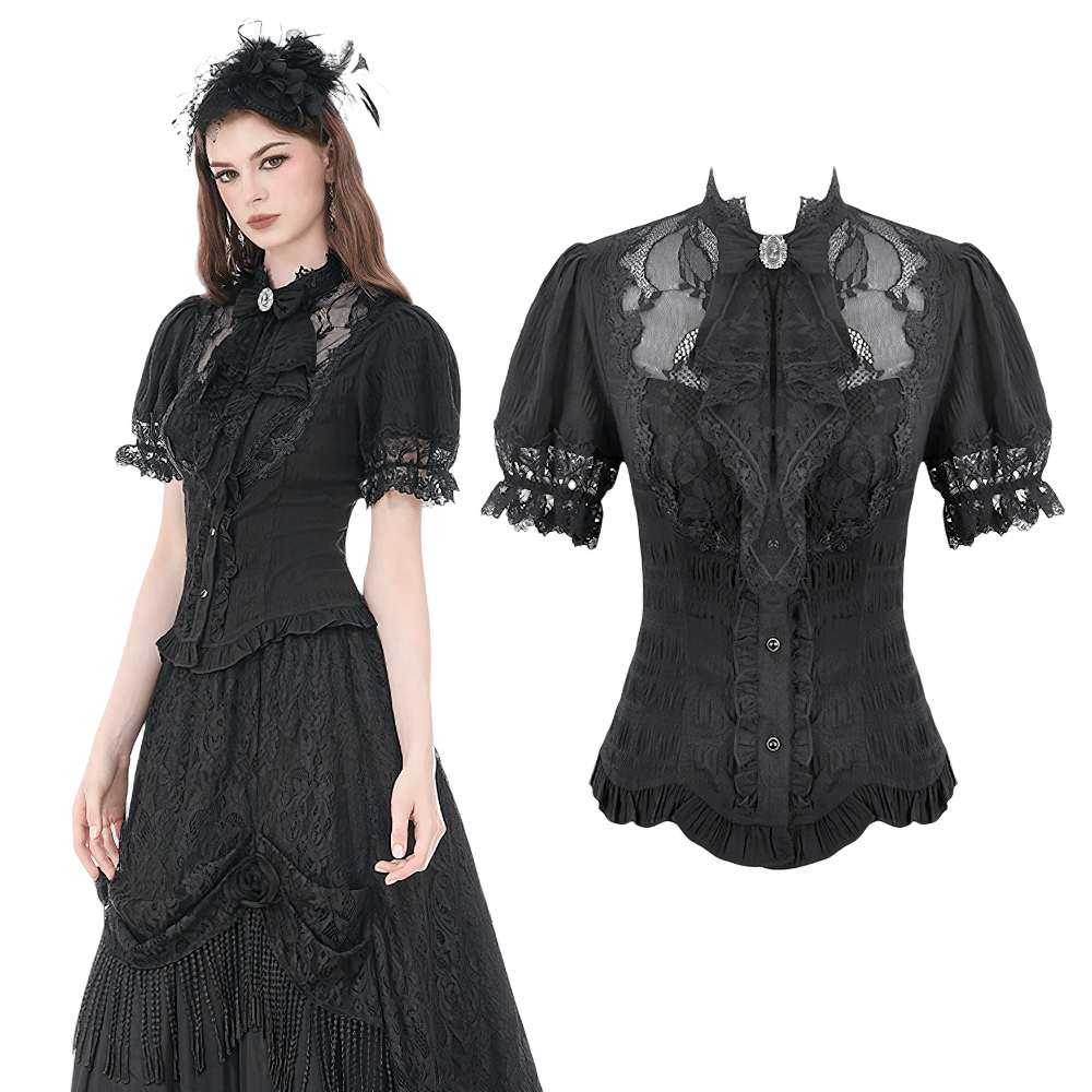 Black Victorian Gothic Blouse with Lace Sleeves modeled by a woman, showcasing lace details and puff sleeves.