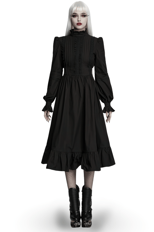 Schwarzes viktorianisches Gothic-Midikleid mit Rüschen-Saum