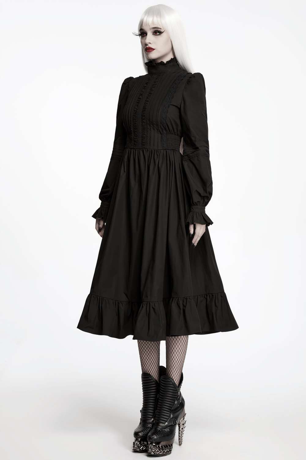 Robe midi gothique victorienne noire avec ourlet à volants