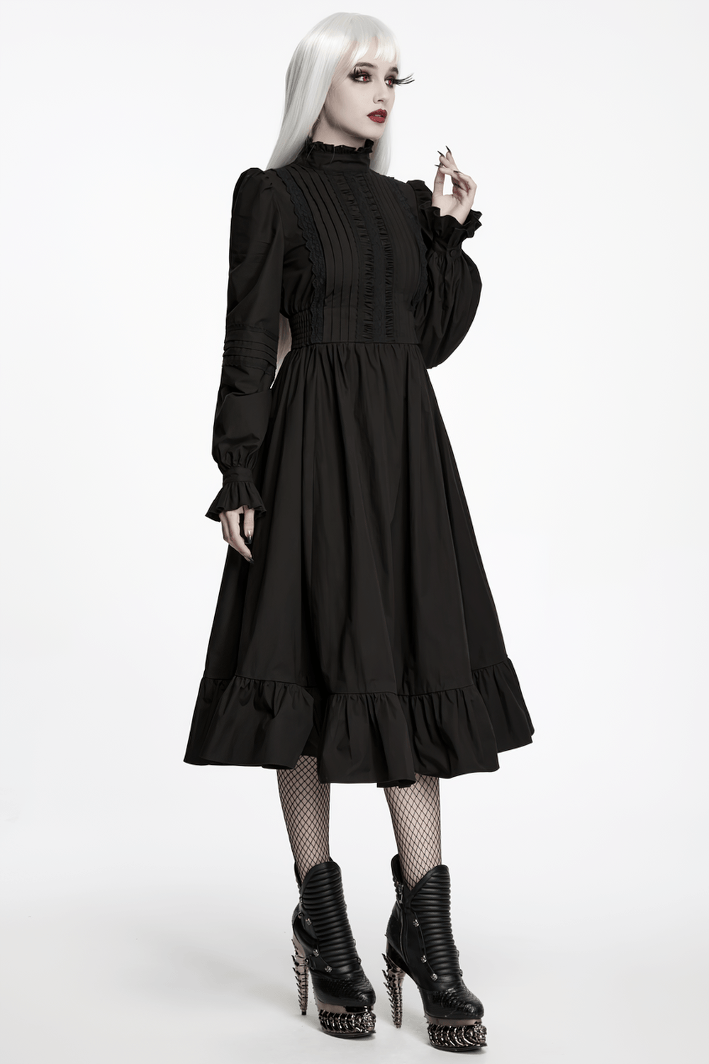 Robe midi gothique victorienne noire avec ourlet à volants