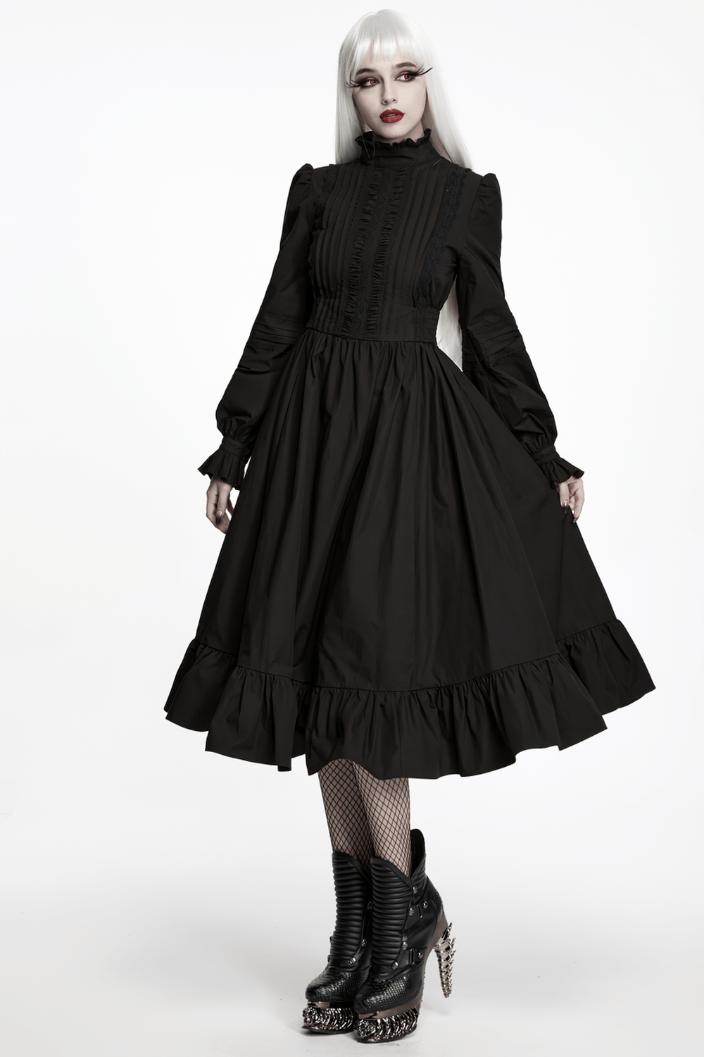Robe midi gothique victorienne noire avec ourlet à volants