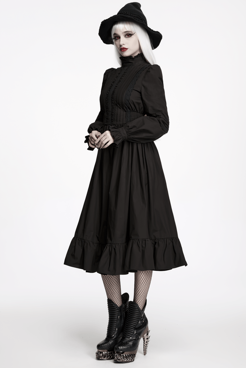 Robe midi gothique victorienne noire avec ourlet à volants
