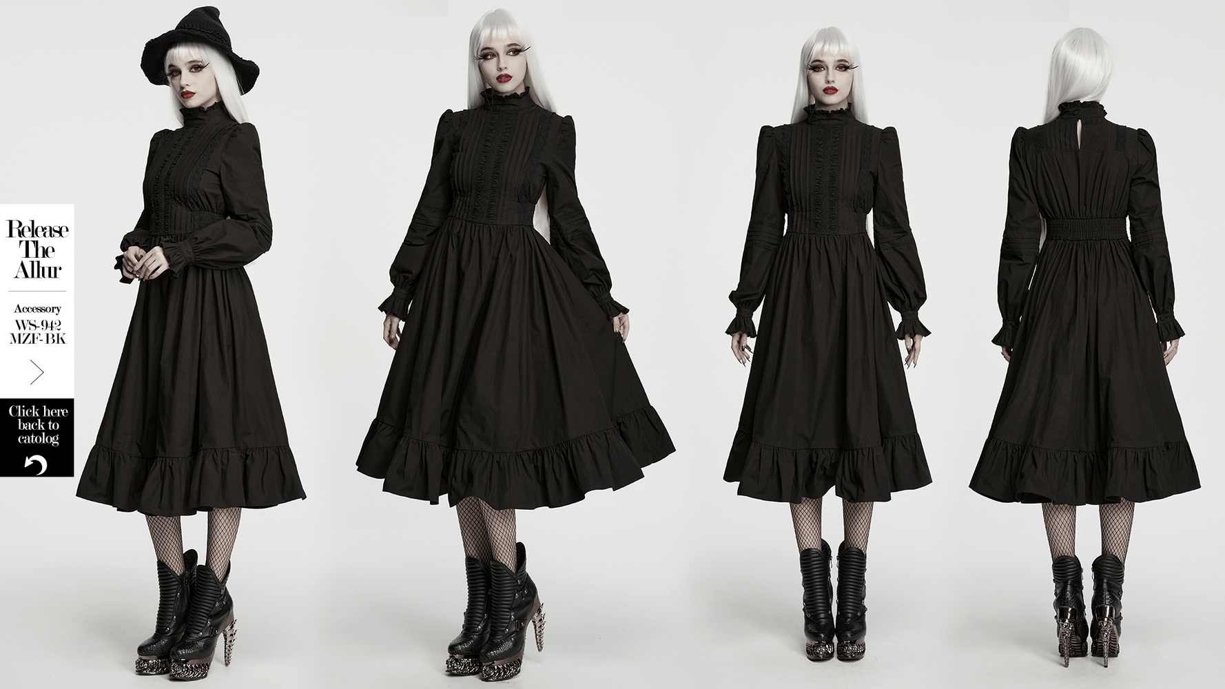 Robe midi gothique victorienne noire avec ourlet à volants