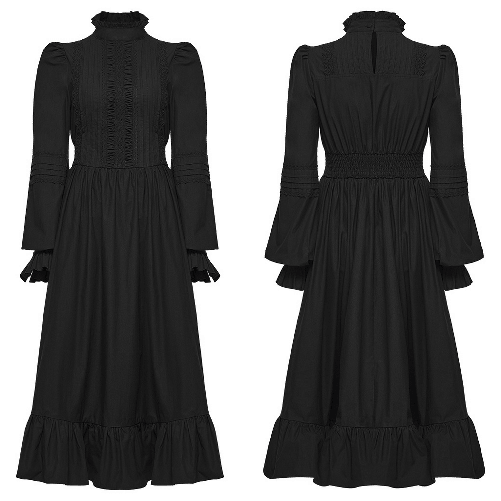 Robe midi gothique victorienne noire avec ourlet à volants