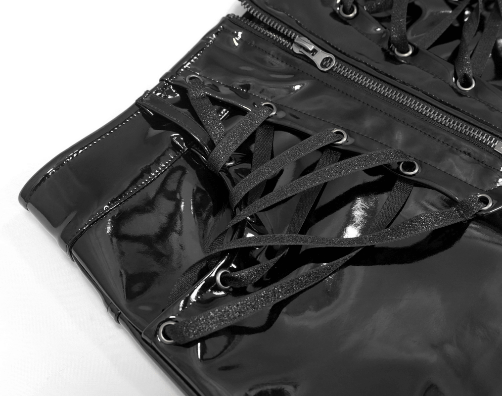 Close-up of black vinyl mini skirt with lace-up detail and zipper, perfect for gothic fashion enthusiasts.