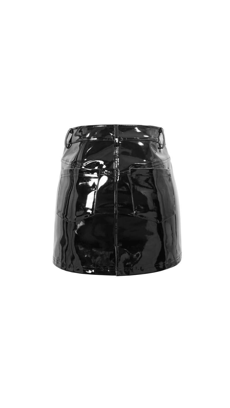 Back view of a black PU patent leather mini skirt with pockets and gothic style design.
