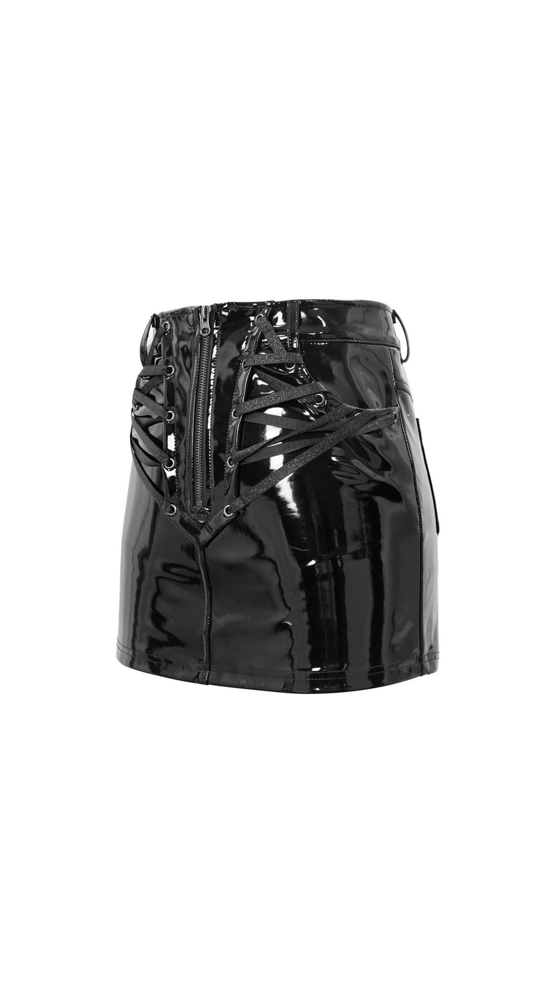 Black PU patent leather mini skirt with pockets, gothic style, featuring front lacing and zipper detail.