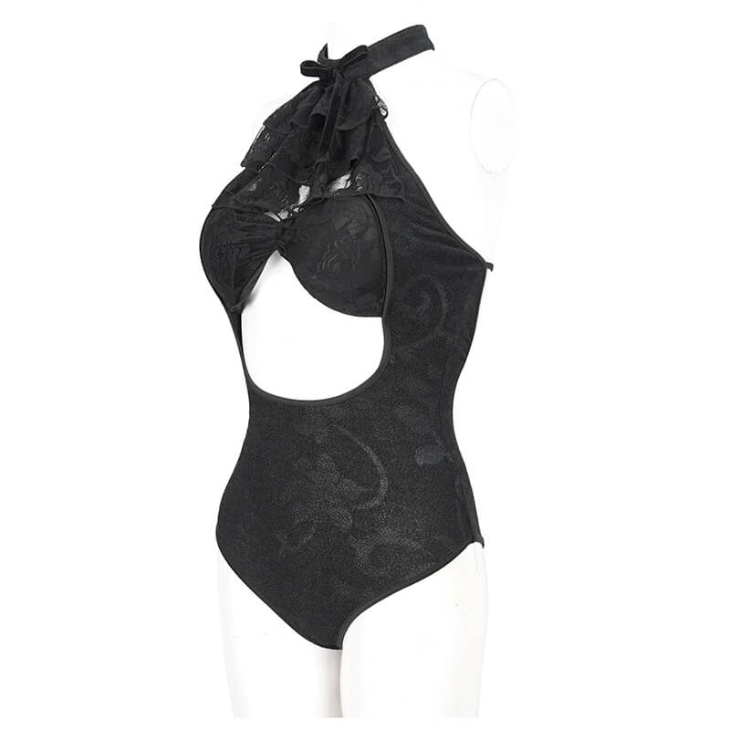 Black vintage gothic one-piece swimsuit with lace ruffle and bowtie, perfect for alternative beach fashion.