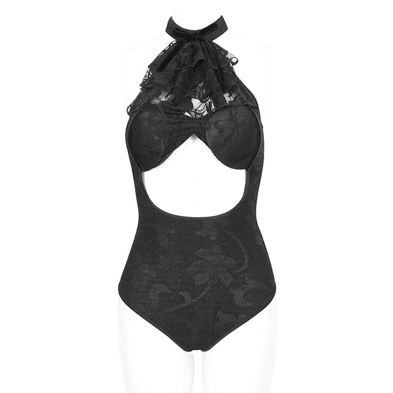 Black vintage gothic one-piece swimsuit with lace ruffle and bowtie, perfect for edgy beach fashion.