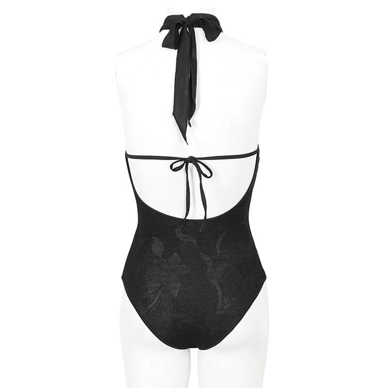 Back view of a black vintage Gothic cutout one-piece swimsuit with lace ruffle and bowtie accent.