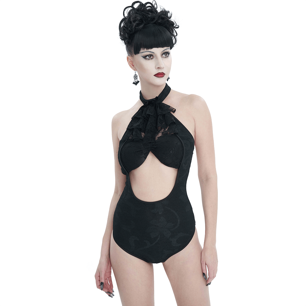 Black vintage gothic cutout one-piece swimsuit with lace ruffle and bowtie, perfect for edgy beach style.