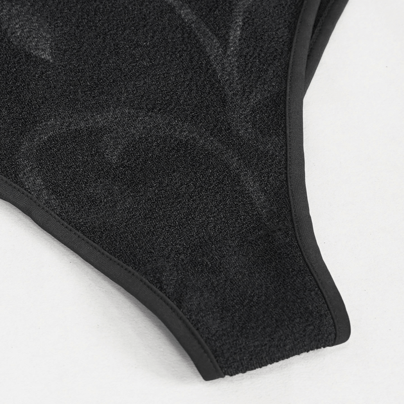 Close-up of the black vintage Gothic swimsuit showcasing elegant lace detailing and cutout design.