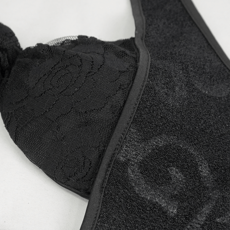 Close-up of the black vintage gothic swimsuit featuring lace detailing and cutout design.