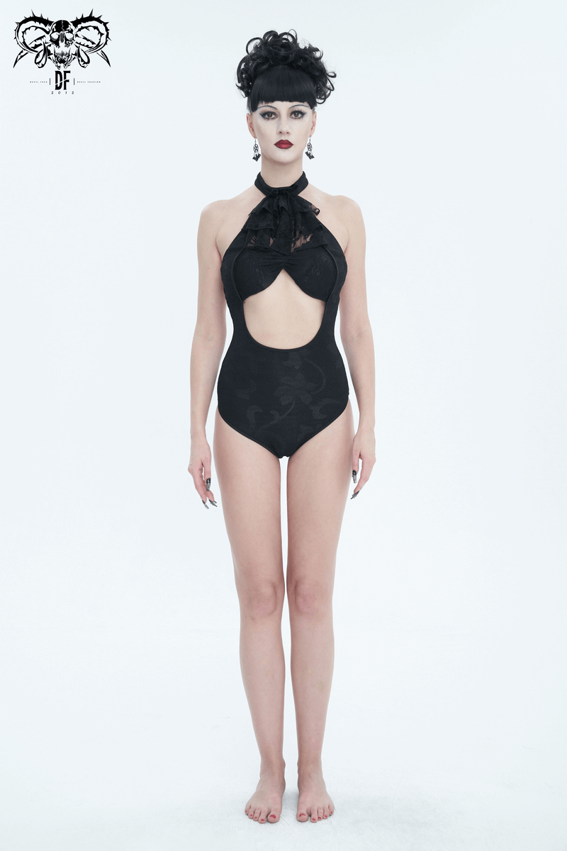 Chic black vintage cutout one-piece swimsuit with lace ruffle and bowtie, showcasing edgy gothic elegance.