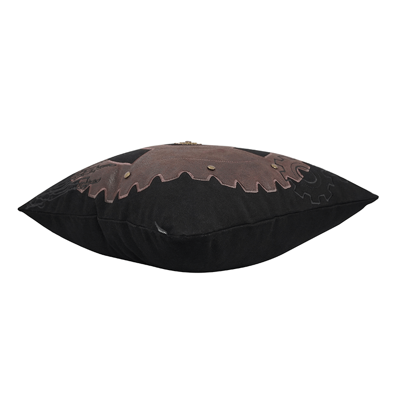 Black vintage pillow with brown gear print, stylish home decor accent for a retro look.