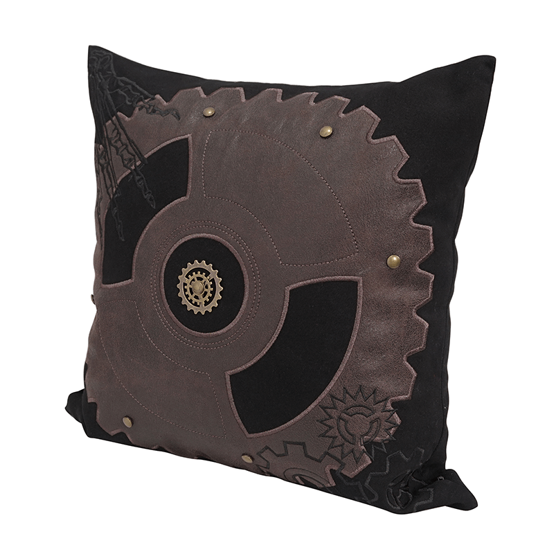 Black Vintage Pillow With Brown Cracked Leather To Make Gear Shape / Unique Pillows For Home Decor - HARD'N'HEAVY